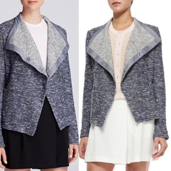 Vince Jacket Blazer Gray Draped Open Front Cascade Tweed Marled Cardigan size M - Picture 1 of 15